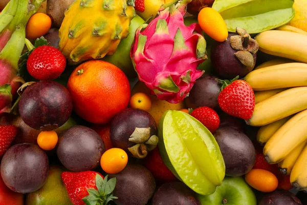 Assortimento Frutta Esotica Fresca Come Sfondo Vista Dall Alto — Foto Stock