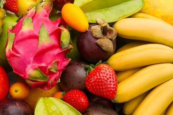 Assortimento Frutta Esotica Fresca Come Sfondo Vista Dall Alto — Foto Stock