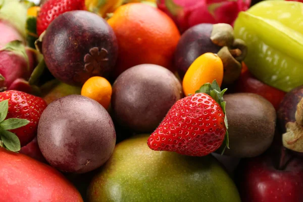Assortimento Frutta Esotica Fresca Come Sfondo Primo Piano — Foto Stock