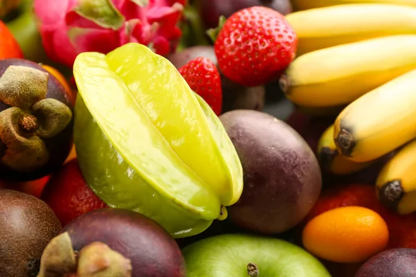 Assortimento Frutta Esotica Fresca Come Sfondo Primo Piano — Foto Stock
