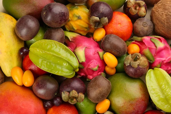 Auswahl Frischen Exotischen Früchten Als Hintergrund Draufsicht — Stockfoto