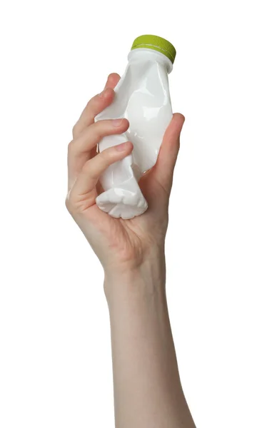Vrouw Met Verkreukelde Plastic Fles Witte Achtergrond Close — Stockfoto