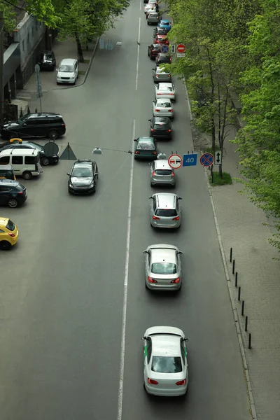 Voitures Dans Embouteillage Sur Rue Ville Vue Aérienne — Photo