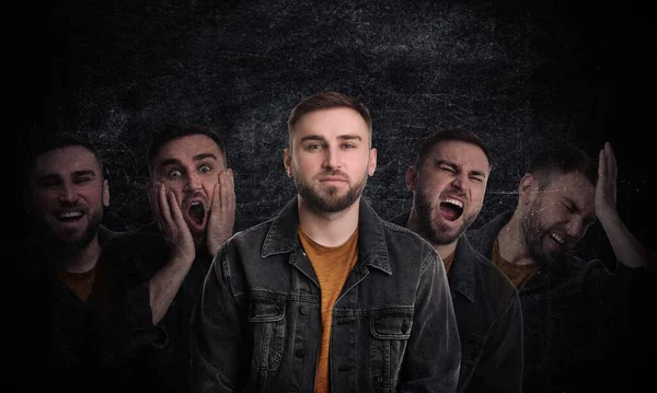 Man with personality disorder on dark background, multiple exposure