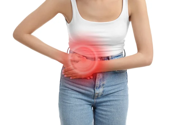 Woman Suffering Appendicitis Inflammation White Background Closeup — Stock Photo, Image