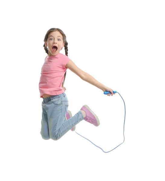 Menina Bonito Com Corda Salto Fundo Branco — Fotografia de Stock