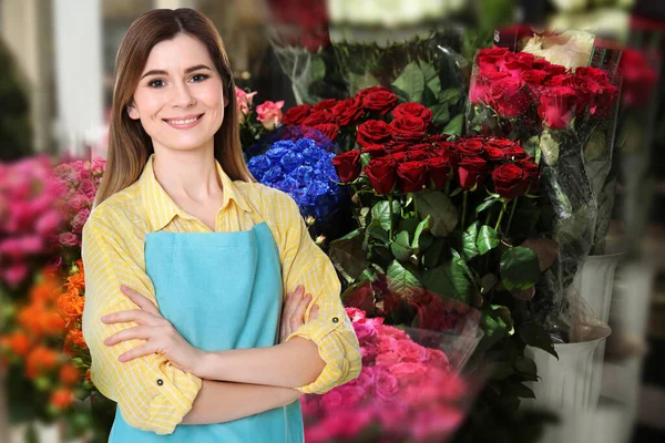 Hermosa Florista Femenina Tienda Espacio Para Texto — Foto de Stock