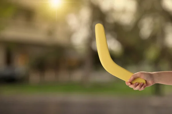 Woman Holding Yellow Boomerang Outdoors Closeup Space Text — Stock Photo, Image