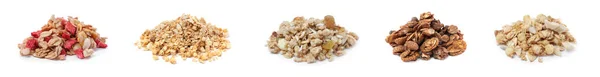 Conjunto Com Pilhas Granola Deliciosa Diferente Fundo Branco Design Banner — Fotografia de Stock