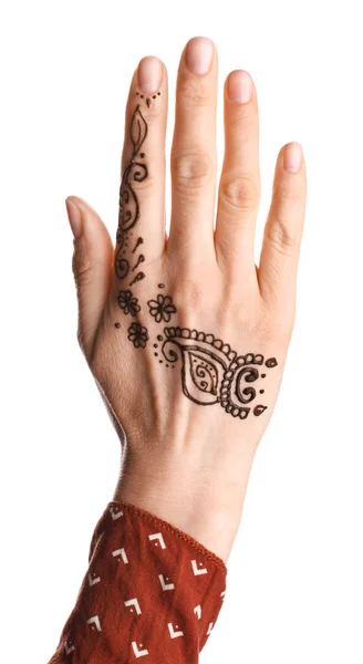 Kobieta Tatuażem Henny Dłoni Białym Tle Zbliżenie Tradycyjna Ozdoba Mehndi — Zdjęcie stockowe