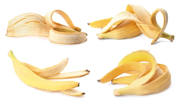 Banánové Slupky Bílém Pozadí Koláž Kompostování Organického Odpadu — Stock fotografie