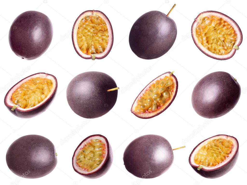 Set with delicious passion fruits on white background