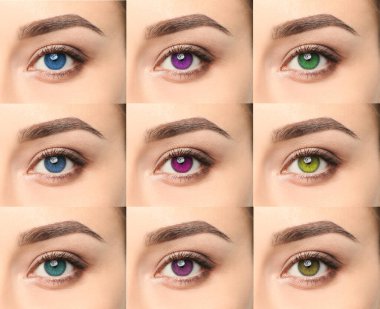 Farklı renkte lens takan kadınların fotoğraflarıyla kolaj, yakın plan.