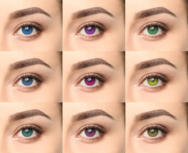 Collage Photos Woman Wearing Different Color Contact Lenses Closeup — Stock Photo, Image