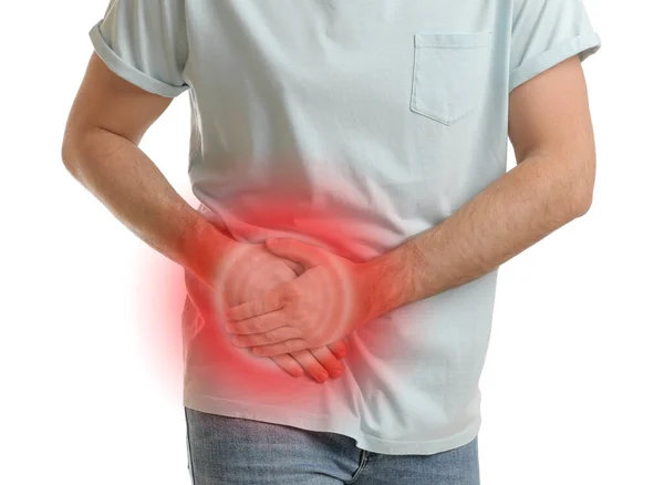 Man Suffering Acute Appendicitis White Background Closeup — Stock Photo, Image