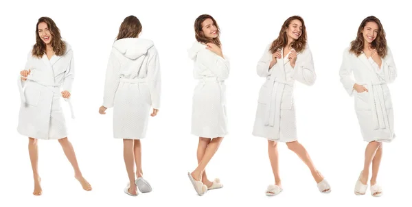 穿着白色背景浴衣的女人 条幅设计 — 图库照片