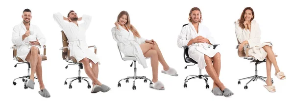 Ludzie Szlafrokach Siedzący Krzesłach Białym Tle Kolaż Projekt Banera — Zdjęcie stockowe