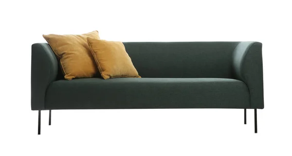 Sofá Verde Confortável Com Almofadas Sobre Fundo Branco Mobiliário Para — Fotografia de Stock