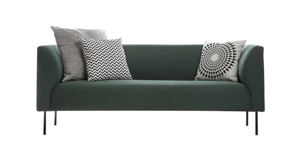Sofá Verde Confortável Com Almofadas Sobre Fundo Branco Mobiliário Para — Fotografia de Stock
