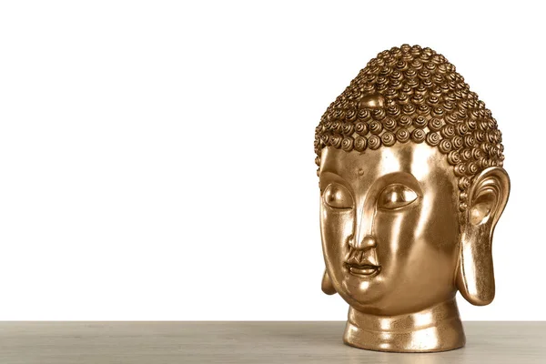 Bela Escultura Dourada Buda Mesa Madeira Contra Fundo Cinza Espaço — Fotografia de Stock