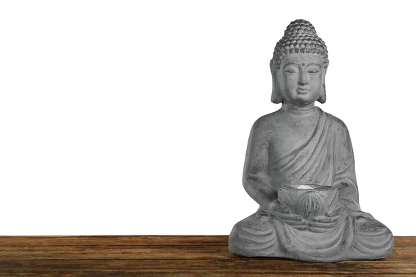 Belle Sculpture Bouddha Pierre Sur Table Bois Sur Fond Gris — Photo