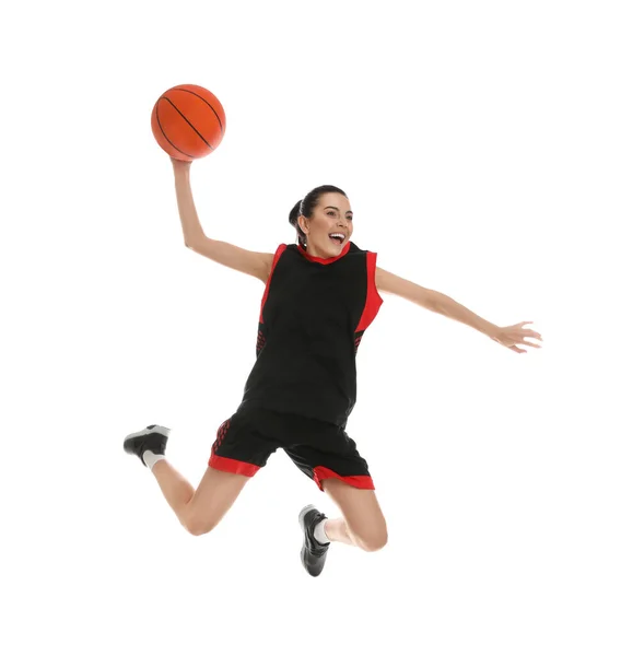 Professionell Idrottskvinna Spelar Basket Vit Bakgrund — Stockfoto