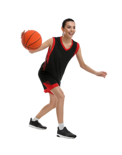 Profesional Olahragawan Wanita Bermain Basket Latar Belakang Putih — Stok Foto