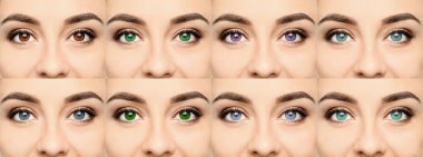 Farklı renkte lens takan kadınların fotoğraflarıyla kolaj, yakın plan. Pankart tasarımı