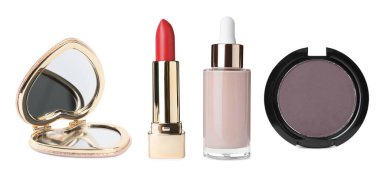 Beyaz arka planda cep aynası ve dekoratif kozmetik ürünler, kolaj. Pankart tasarımı