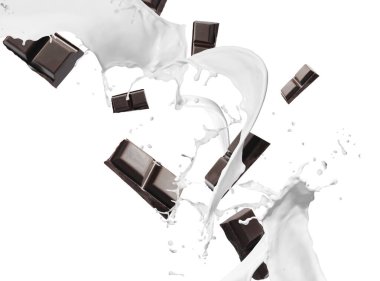 Lezzetli çikolata ve beyaz arka planda sütün damlaları.