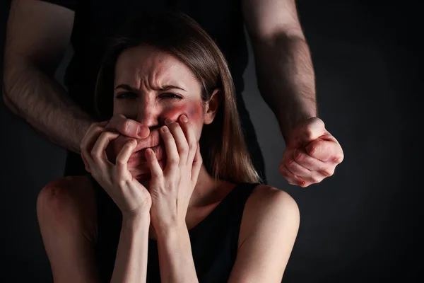 Man Abusing Scared Woman Black Background Domestic Violence — Stock Photo, Image