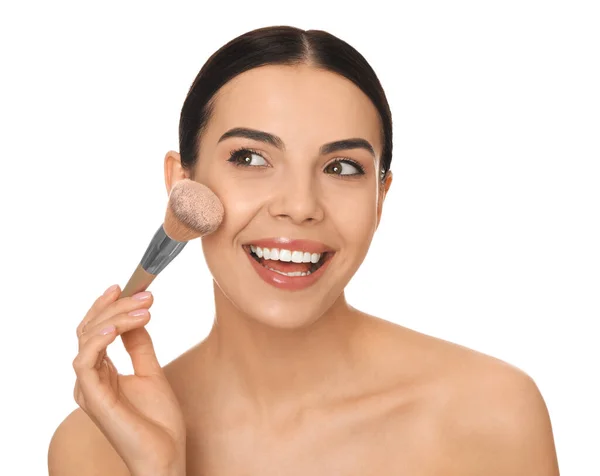 Beautiful Young Woman Applying Face Powder Brush White Background — Stock Photo, Image