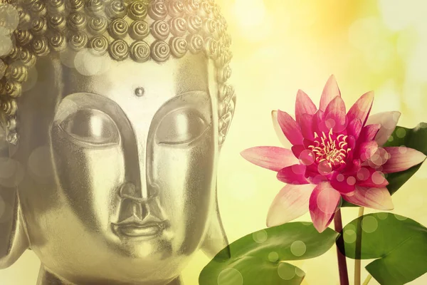 Bella Scultura Buddha Dorato Fiore Loto Sfondo Colore — Foto Stock