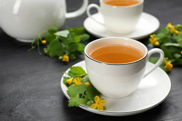 Cup Aromatic Celandine Tea Flowers Black Table Space Text — Stock Photo, Image