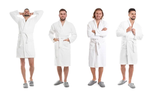 Hombres Con Batas Baño Sobre Fondo Blanco Collage Diseño Banner —  Fotos de Stock
