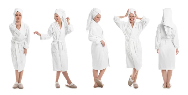 Woman Wearing Bathrobe White Background Collage Banner Design — Stock Photo, Image