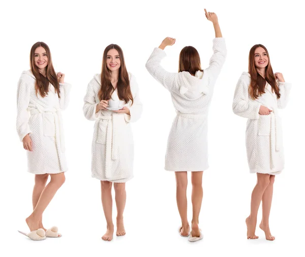 Woman Wearing Bathrobe White Background Collage — Stock Photo, Image
