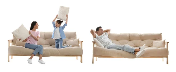 Menschen Auf Verschiedenen Stilvollen Sofas Vor Weißem Hintergrund Collage Banner — Stockfoto