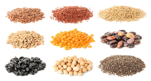 Set Different Legumes Grains Seeds White Background Banner Design Vegan — Stock Photo, Image