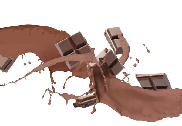 ホワイトを基調としたチョコレートミルクのチョコレートバーとスプラッシュ — ストック写真