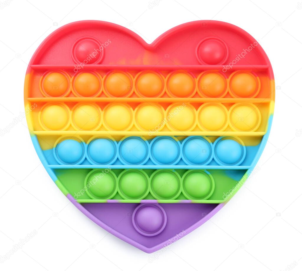 Heart shaped rainbow pop it fidget toy isolated on white, top view