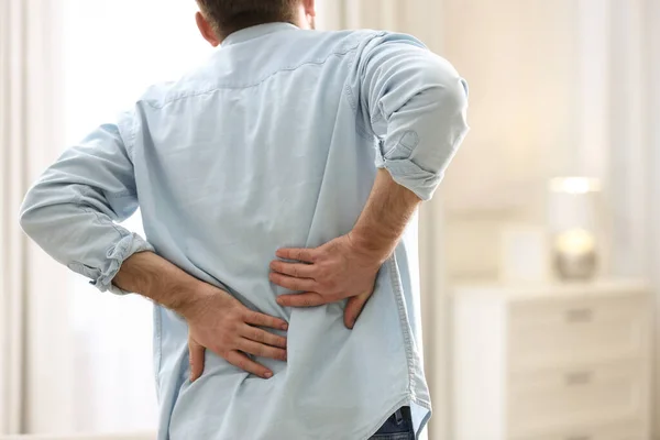 Man Suffering Back Pain Home Closeup Bad Posture Problem — Stock Photo, Image