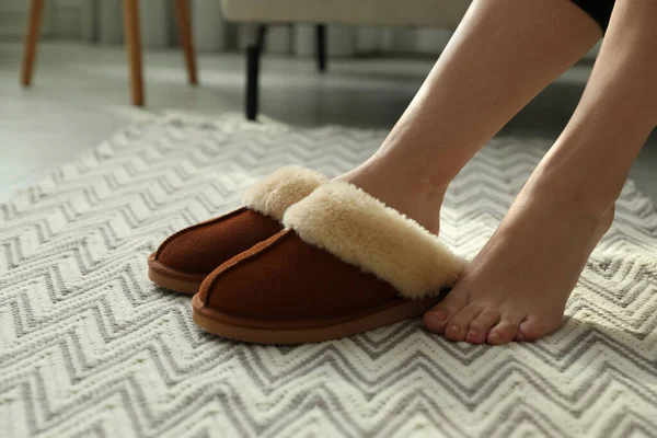 Woman Soft Slippers Home Closeup — Stock Photo, Image