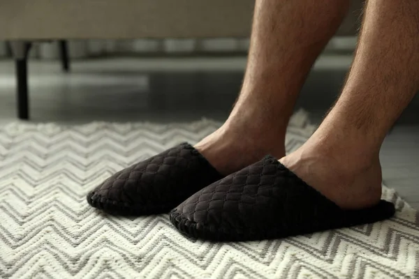 Man Soft Slippers Home Closeup — Stock Photo, Image