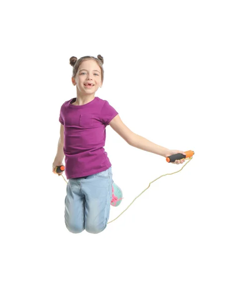 Menina Bonito Com Corda Salto Fundo Branco — Fotografia de Stock