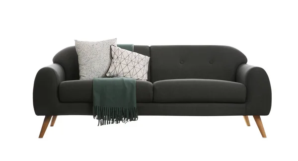 Sofá Cinza Confortável Com Almofadas Cobertor Sobre Fundo Branco Mobiliário — Fotografia de Stock