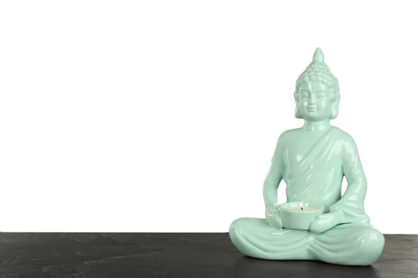 Belle Sculpture Bouddha Céramique Avec Bougie Allumée Sur Table Sur — Photo