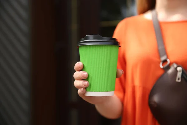Woman Takeaway Coffee Cup Outdoors Closeup Space Text — Stock Photo, Image