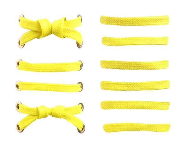 Желтые Шнурки Белом Фоне Коллаж — стоковое фото