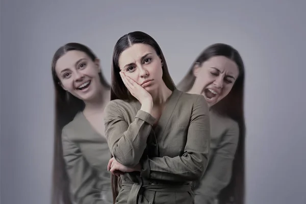 Woman with personality disorder on light background, multiple exposure